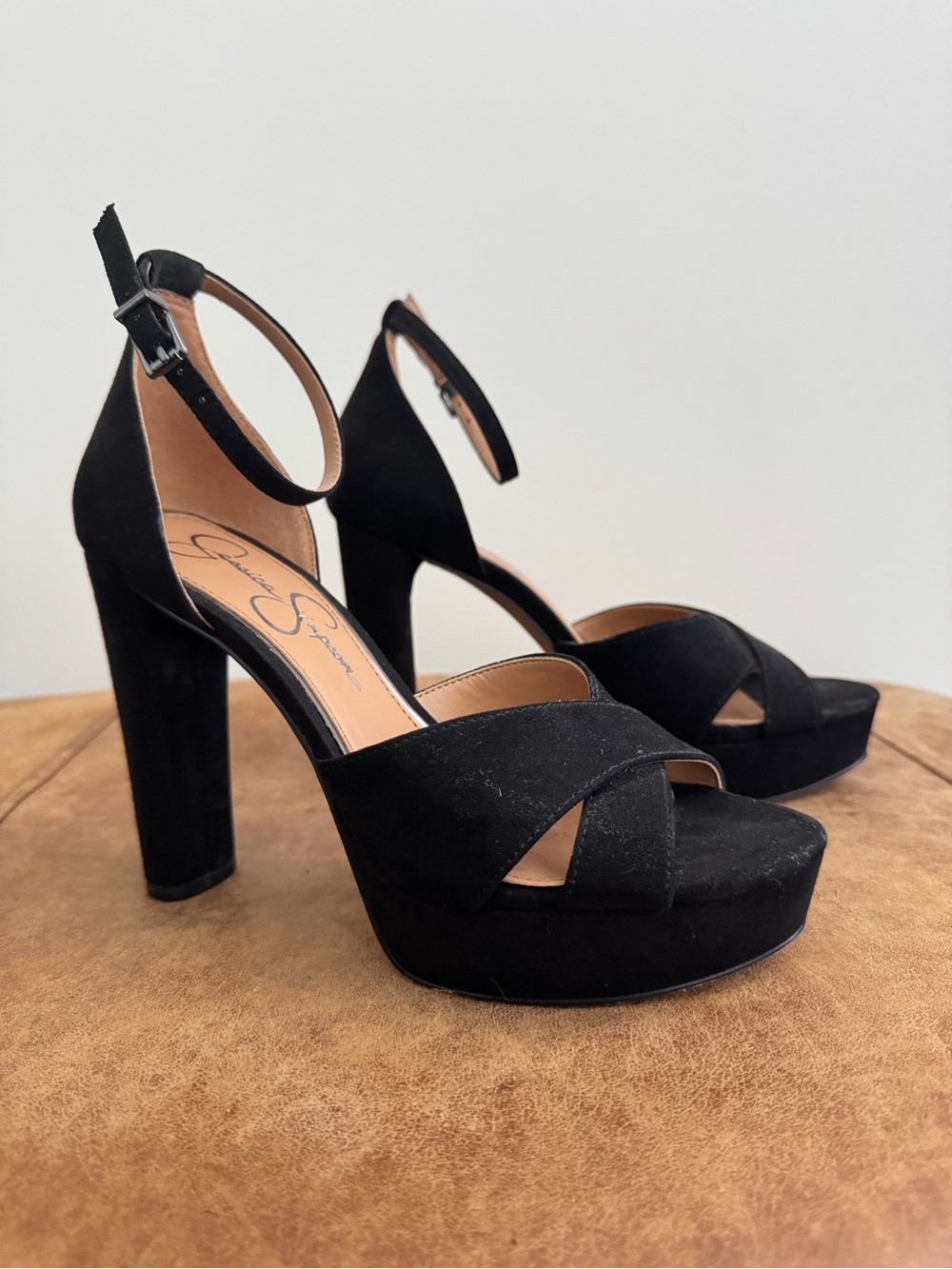 Jessica Simpson Black Suede Platform Ankle-Strap Sandals